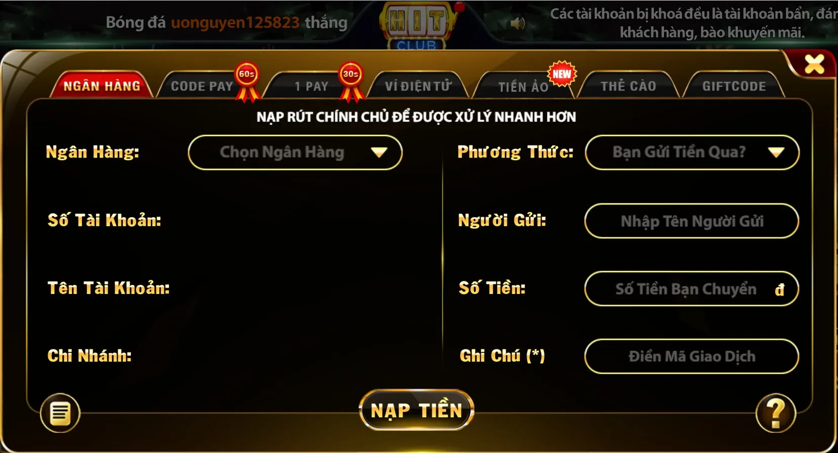 Hướng dẫn chi tiết cách nạp tiền vào Hit CLub